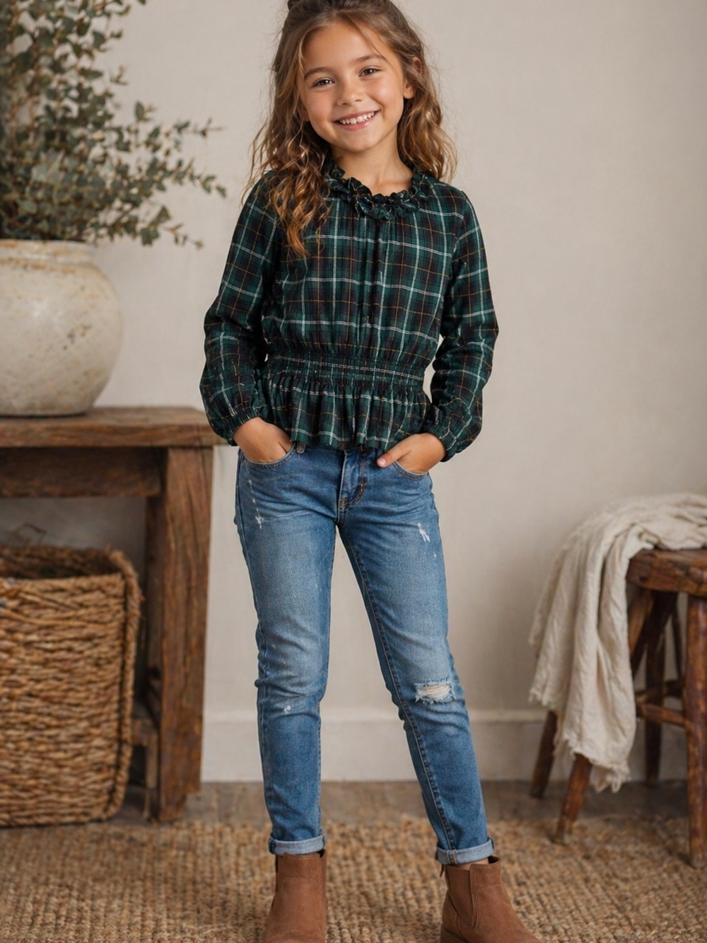 Green Plaid Peasant Blouse M 8 Long Sleeve Ruffle Neck Smocked Waist Cottage Pra